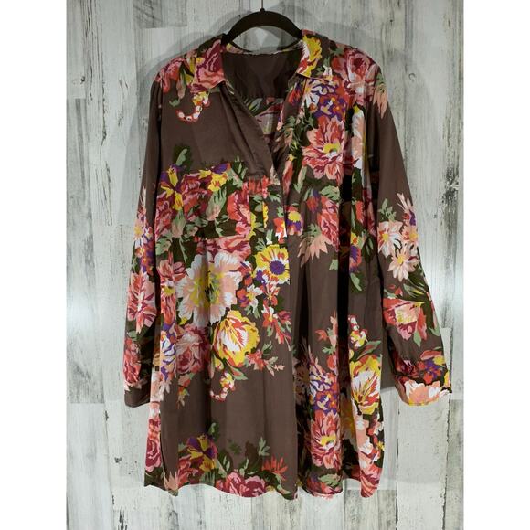 Soft Surroundings Tunic Size 2X Brown Floral Popover 100% Cotton Side Slits READ - Picture 1 of 9